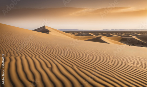 Sand dunes stretch out as far as the eye can see in the desert landscape photo