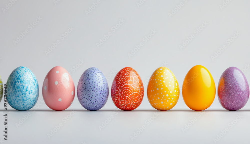 banner with different painted eggs in a row against white background with copyspace banner with different painted eggs in a row against white background with copyspace