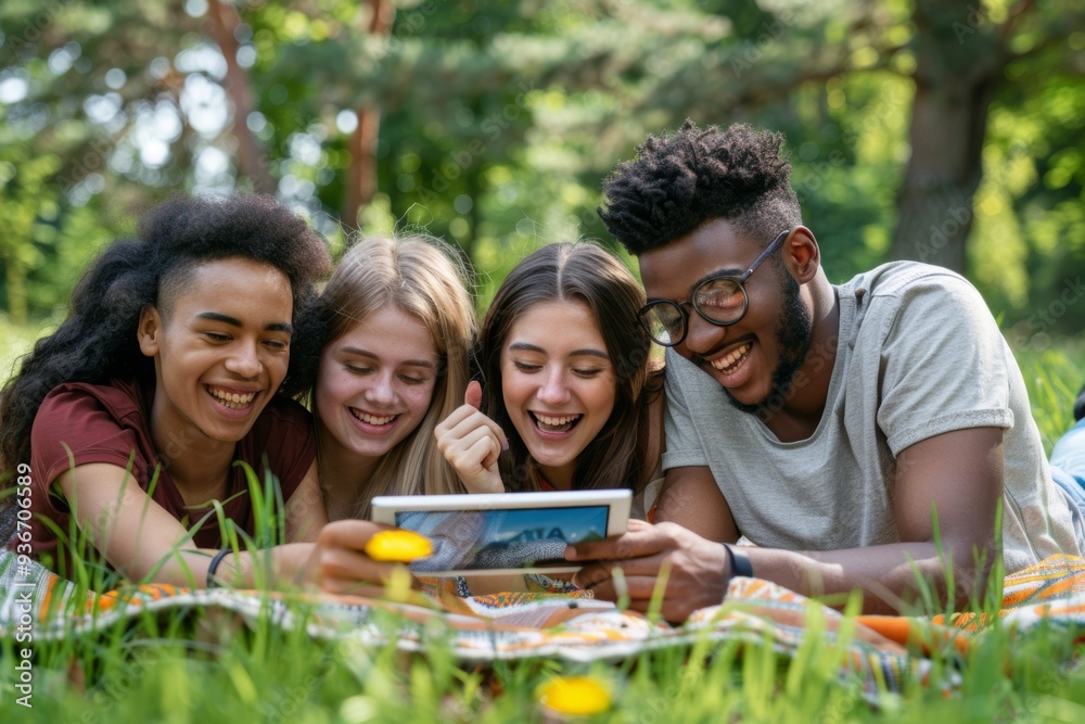 A lively group of friends is joyfully having fun together in the sunny park while engaging with a tablet A lively group of friends is joyfully having fun together in the sunny park while engaging with a tablet