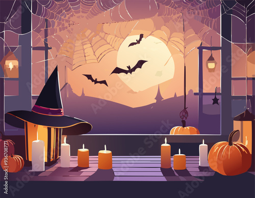 A Halloween scene with smiling pumpkins, flying bats, and a haunted house under a full moon in the night sky