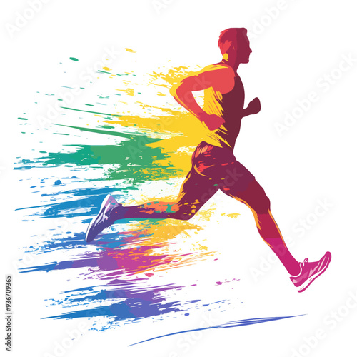 Colorful Silhouette of a Running Man in Motion with Vibrant Brush Stroke Effect