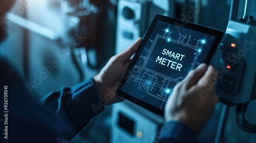 A professional technician uses a tablet displaying "SMART METER" to monitor and manage a home's electrical system.