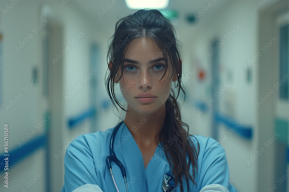 A nurse with a stethoscope stands in a hospital hallway, looking directly at the camera, ready to assist patients during a challenging shift. A nurse with a stethoscope stands in a hospital hallway, looking directly at the camera, ready to assist patients during a challenging shift.