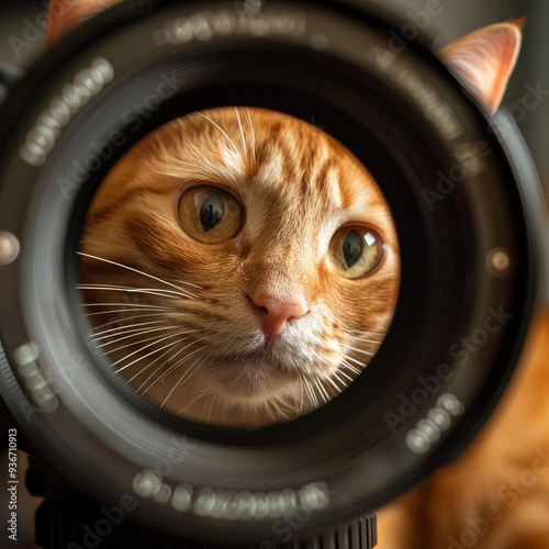 Close-up of an inquisitive orange cat looking through a camera lens, capturing the essence of curiosity.