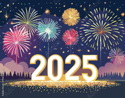 2025 Happy new year luxury design  with fireworks. Christmas background, vector  illustration