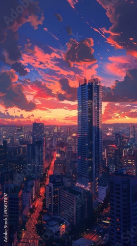 A stunning sunset paints the sky with vibrant colors above an anime-inspired skyscraper centrally located in a lively urban landscape