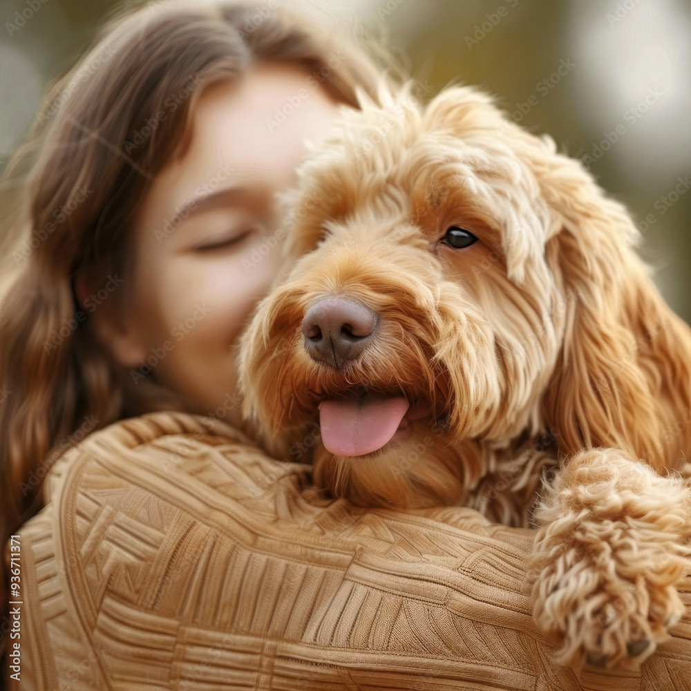 A young girl is happily hugging her golden doodle, enjoying a joyful moment in a natural environment. A young girl is happily hugging her golden doodle, enjoying a joyful moment in a natural environment.