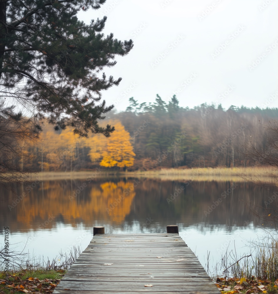 A serene autumn scene featuring a wooden dock overlooking a calm lake surrounded by trees with vibrant fall foliage reflecting in the water. Seasonal travels, product display A serene autumn scene featuring a wooden dock overlooking a calm lake surrounded by trees with vibrant fall foliage reflecting in the water. Seasonal travels, product display