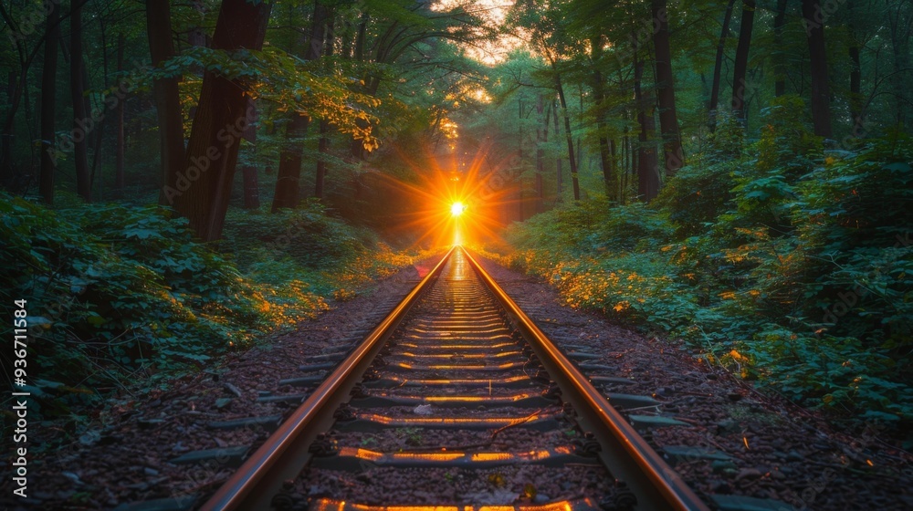 Fototapeta premium Sunset through forest railway - generative ai