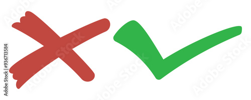 Tick and cross signs. False and true, right and wrong. Correct and incorrect, accept and reject. Green tick OK and red X cross. YES and NO. isolated on white. Digital content