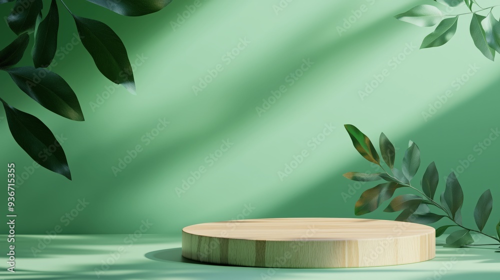 A minimalist wooden podium display with leaf shadows cast on a soft green background, ideal for showcasing cosmetics, beauty products, or natural-themed promo A minimalist wooden podium display with leaf shadows cast on a soft green background, ideal for showcasing cosmetics, beauty products, or natural-themed promo