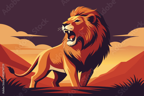 roaring lion in simple elegant realistic drawing style with african landscape illustration for