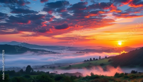 In the morning light, the misty valley and the gorgeous sunrise complement each other into a beautiful scenery.