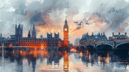 Iconic london skyline with big ben and parliament at sunset - generative ai