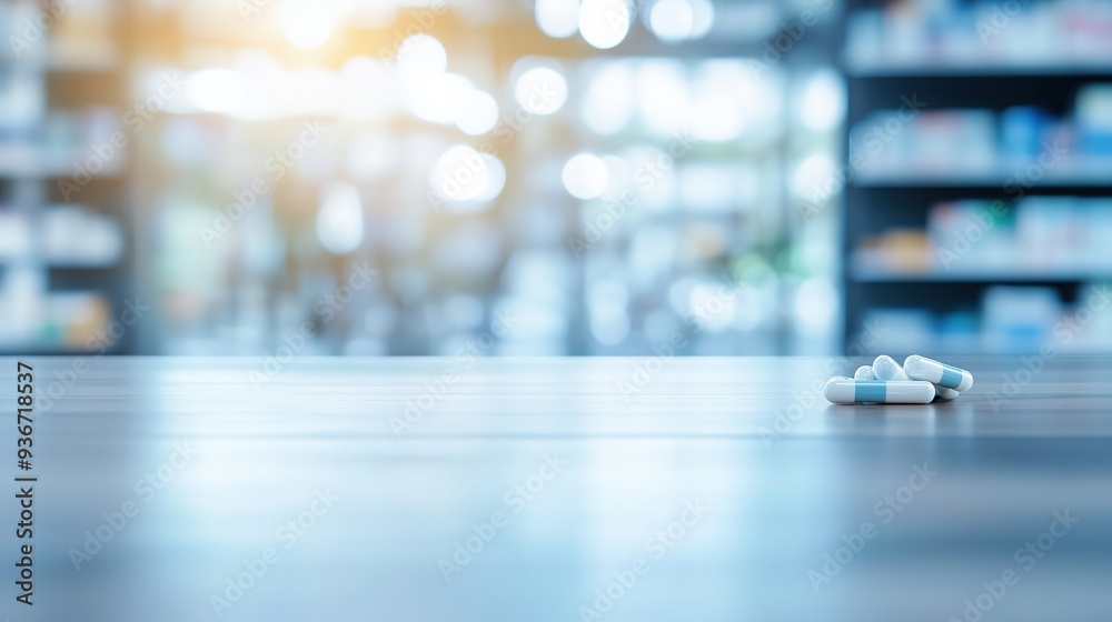 Empty table in front of a blurred pharmacy store interior, ideal for showcasing healthcare products, medicine, or pharmacist services. Empty table in front of a blurred pharmacy store interior, ideal for showcasing healthcare products, medicine, or pharmacist services.