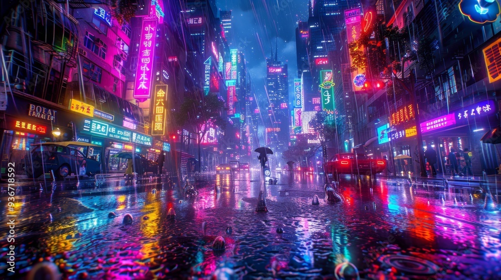 Fototapeta premium Rainy Night in Neon City Generative AI