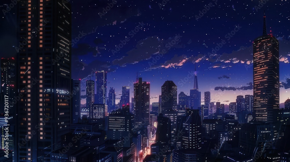Obraz premium An anime-style metropolis features a tall skyscraper surrounded by illuminated buildings under a star-filled night sky