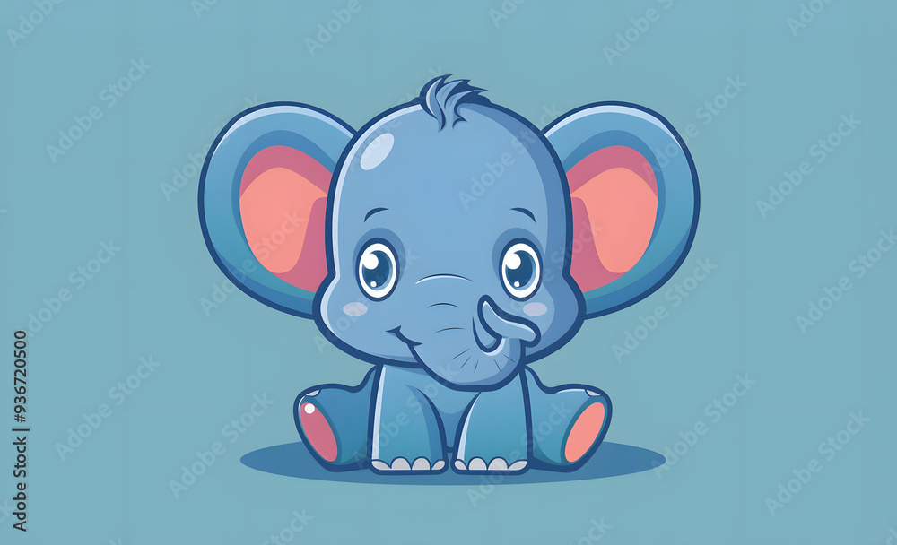 Fototapeta premium Cute cartoon elephant sitting on a blue background. 