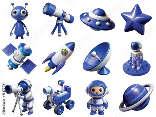 Collection of 3d space icons including spaceman, telescope, rocket, planet, ufo, mars rover, satellite. Space exploration concept design