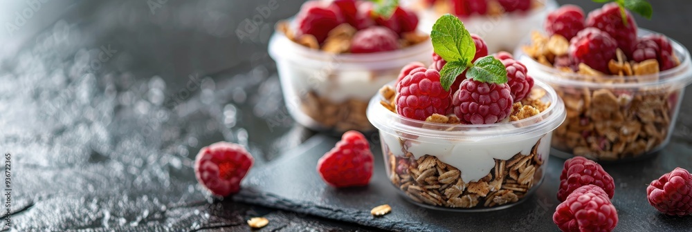 Fresh Fruit Yogurt and Cereal for a Healthy Breakfast with Raspberries, Packed with Vitamins and Protein, in a Clear Container Ideal for Weight Management and Vegan Snacking Fresh Fruit Yogurt and Cereal for a Healthy Breakfast with Raspberries, Packed with Vitamins and Protein, in a Clear Container Ideal for Weight Management and Vegan Snacking