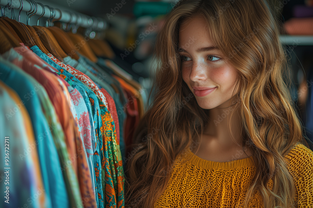 A young woman choosing sustainable fashion items from a bright, minimalist wardrobe. The image emphasizes eco-friendly clothing and mindful consumer choices. A young woman choosing sustainable fashion items from a bright, minimalist wardrobe. The image emphasizes eco-friendly clothing and mindful consumer choices.