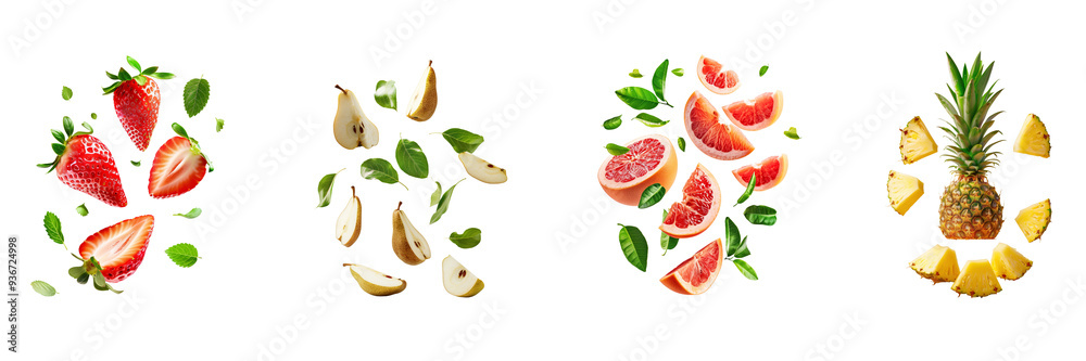 Naklejka premium Set of different fruits half slices falling in the air with green leaves isolated on a transparent background