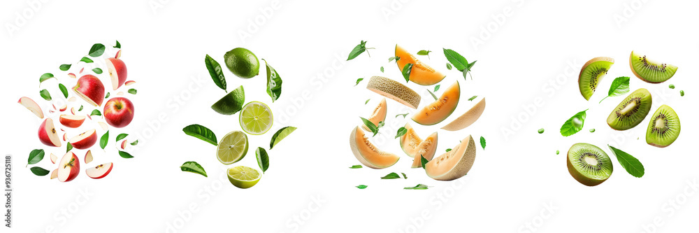 Set of different fruits half slices falling or floating in the air with green leaves isolated on a transparent background Set of different fruits half slices falling or floating in the air with green leaves isolated on a transparent background