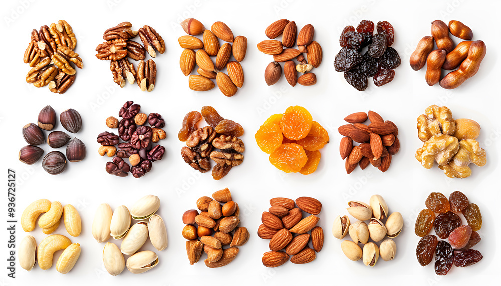 Nuts and dried fruits isolated on white background
