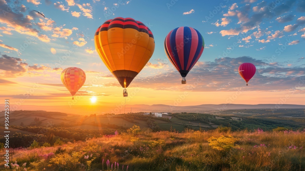 Obraz premium Hot Air Balloons Soaring Over a Scenic Landscape