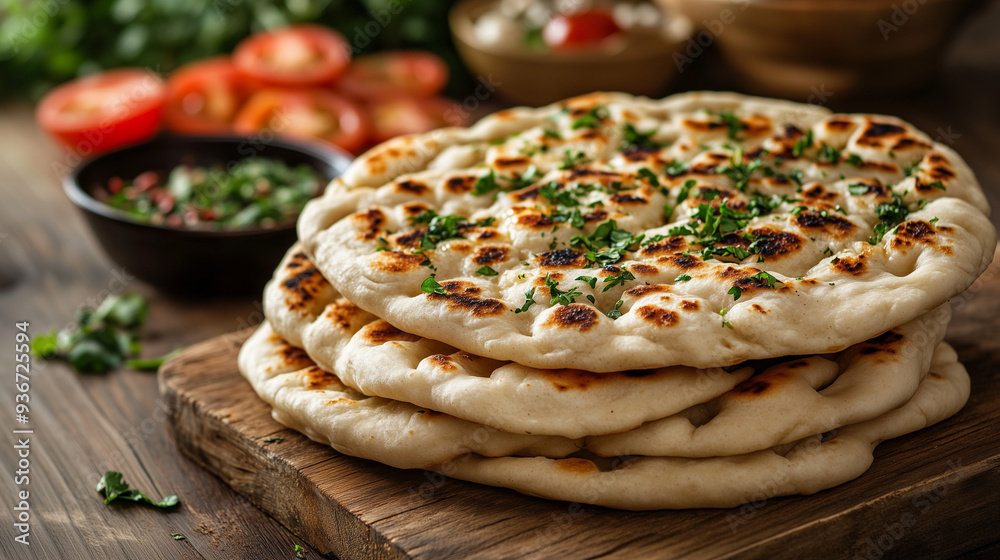 Wielka porcja ciepłych, świeżo upieczonych chlebów naan z posypką z ziół, ustawiona na drewnianej powierzchni. Wielka porcja ciepłych, świeżo upieczonych chlebów naan z posypką z ziół, ustawiona na drewnianej powierzchni.
