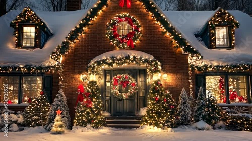 Beautifully decorated home in winter with Christmas lights and snow at night showcasing festive spirit and holiday cheer