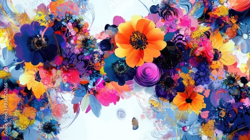 Abstract digital art with vibrant flowers, creating intricate and colorful patterns on a clean white background