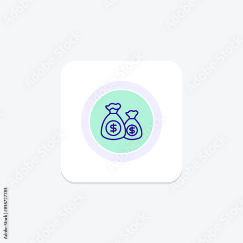 Money bags, dollar bags purple line icon on a colorful circle, ai illustrator file