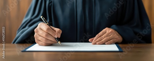 A judge signing a legal document, finalizing a court s decision, judge, justice, legal document photo