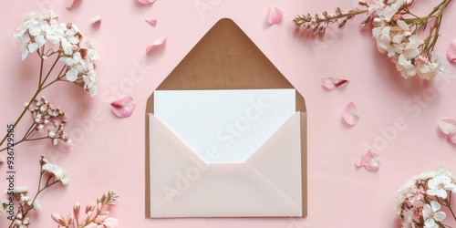 Top View Mockup of Blank Wedding Card Invitations and Floral Envelopes photo