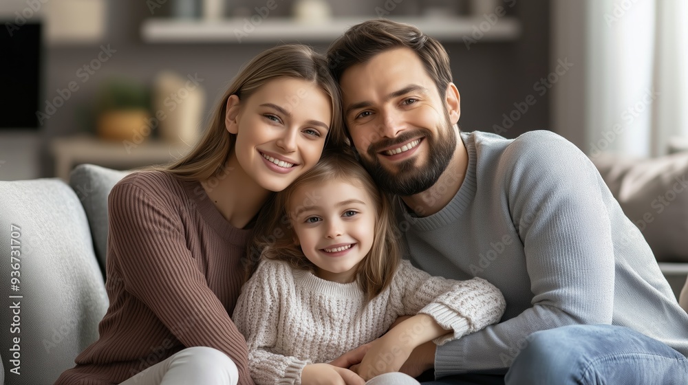 A joyful family of three smiling together on a cozy couch in a warmly decorated living room during afternoon light A joyful family of three smiling together on a cozy couch in a warmly decorated living room during afternoon light