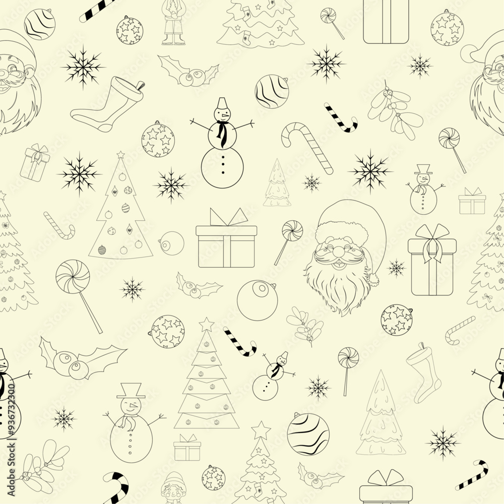 Christmas doodles seamless pattern, with santa claus, xmas tree, snowman, reindeer, cane, gift, sock,  branches, berries, good for banners, wallpapers, wrapping, textiles. Vector illustration