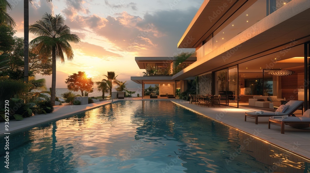 Fototapeta premium Luxury Modern House by the Pool at Sunset Generative AI