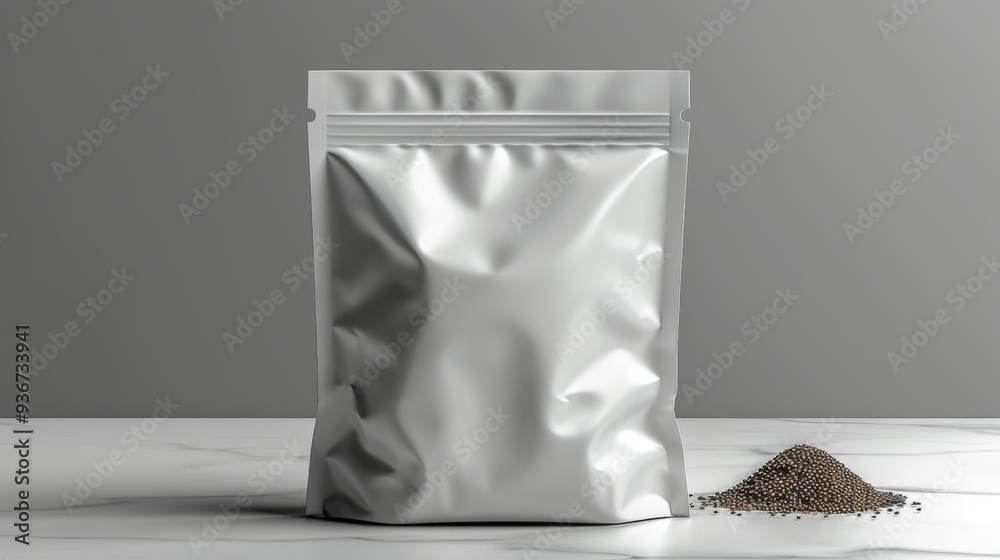 Silver pouch packaging with spilled seeds - generative ai Silver pouch packaging with spilled seeds - generative ai