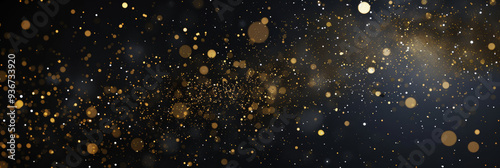 Dark christmas background, gold starry sky, many golden particles floating in the air, top view, black background new years festive