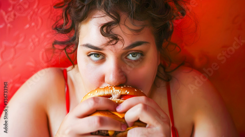 Close up portrait of a curly haired overweight woman indulging in a fast food burger set against a vibrant red background  The image captures the woman s hand bringing the burger to her open mouth photo