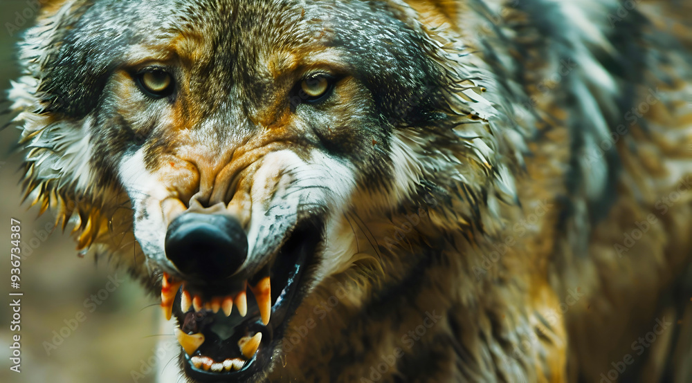 Intense Close Up Portrait of a Fierce Wolf with Bared Teeth and Open Jaw Showcasing the Predatory Power and Animalistic Aggression of this Wild Apex Carnivore Intense Close Up Portrait of a Fierce Wolf with Bared Teeth and Open Jaw Showcasing the Predatory Power and Animalistic Aggression of this Wild Apex Carnivore