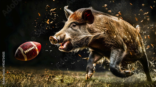 Fierce and Determined Wild Boar Chasing Down an American Football with Intense Speed and Aggression on a Dark Dramatic Background