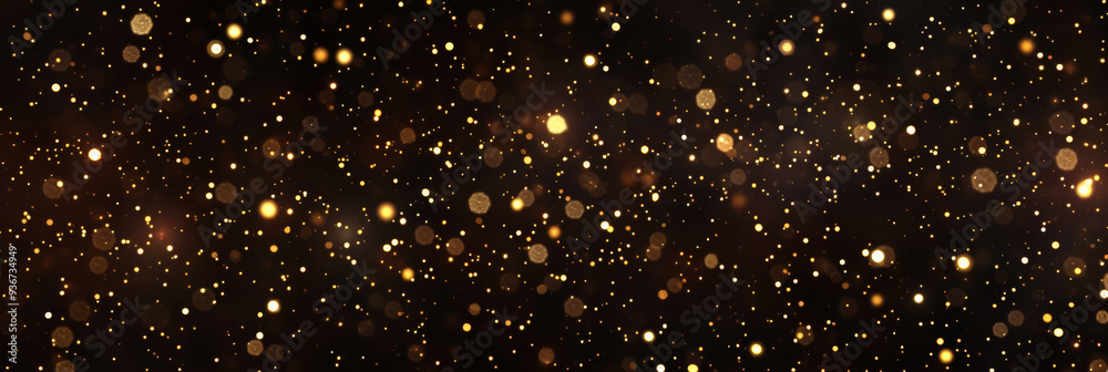 Fototapeta premium Dark christmas background, gold starry sky, many golden particles floating in the air, top view, black background new years festive