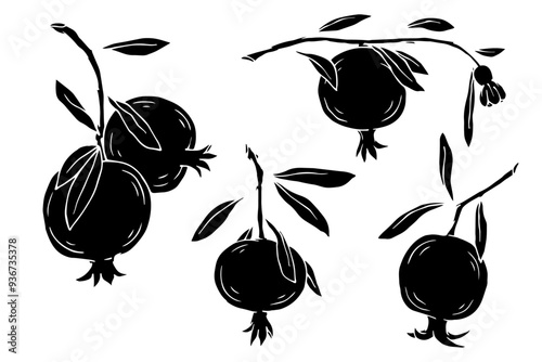Collection of silhouettes, stamps of pomegranate branches with fruits. Vector graphics.