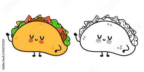 Funny cute happy Taco characters bundle set. Vector hand drawn cartoon kawaii character illustration icon. Cute Taco. Outline cartoon illustration for coloring book