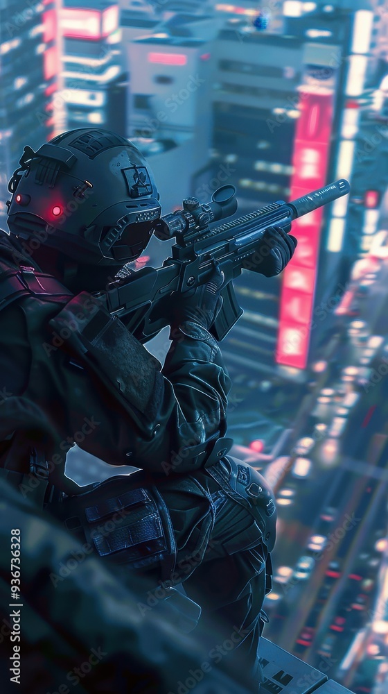 Fototapeta premium A sniper soldier readies his rifle, perched on a rooftop as the city buzzes with nighttime activity illuminated by bright neon lights