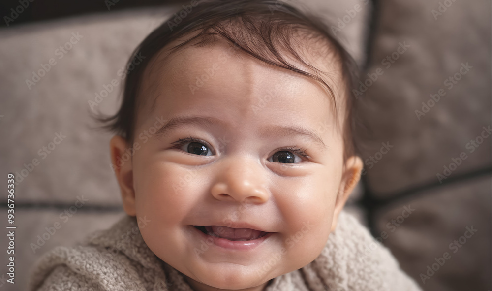 A baby is smiling at the camera A baby is smiling at the camera