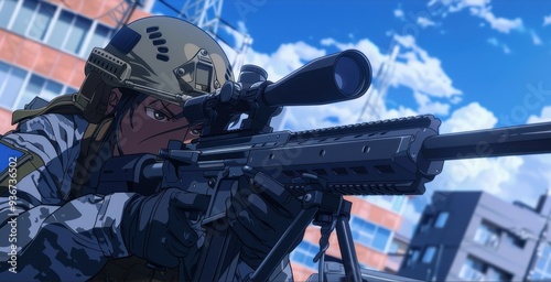 A skilled anime sniper soldier aims down the scope from a rooftop, focused on a target in an urban setting