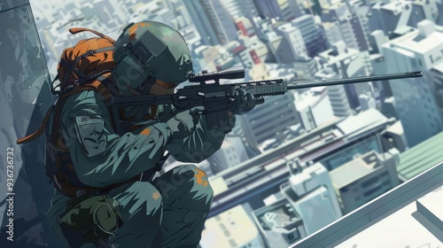 A skilled anime sniper focuses intently while preparing to shoot, positioned on a rooftop overlooking a bustling city below